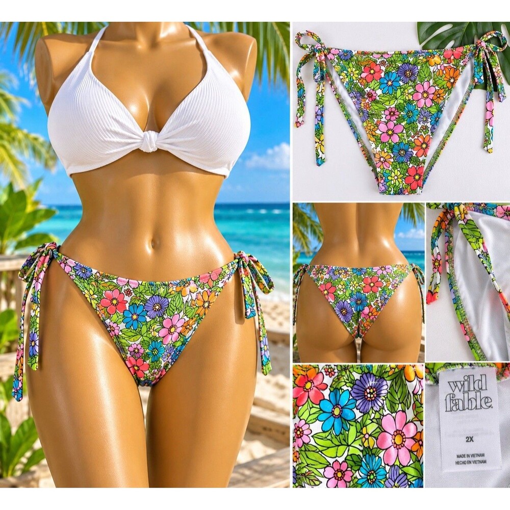 Wild Fable Bikini Bottom Women's 2X Multi Colored Floral Print Side-Tie High Leg